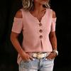 Damen V-Ausschnitt Leinen Baumwolle Knopfleiste Kurzarm Cold Shoulder Bluse Lockere Passform Lässiges Oberteil für den täglichen Gebrauch im Büro