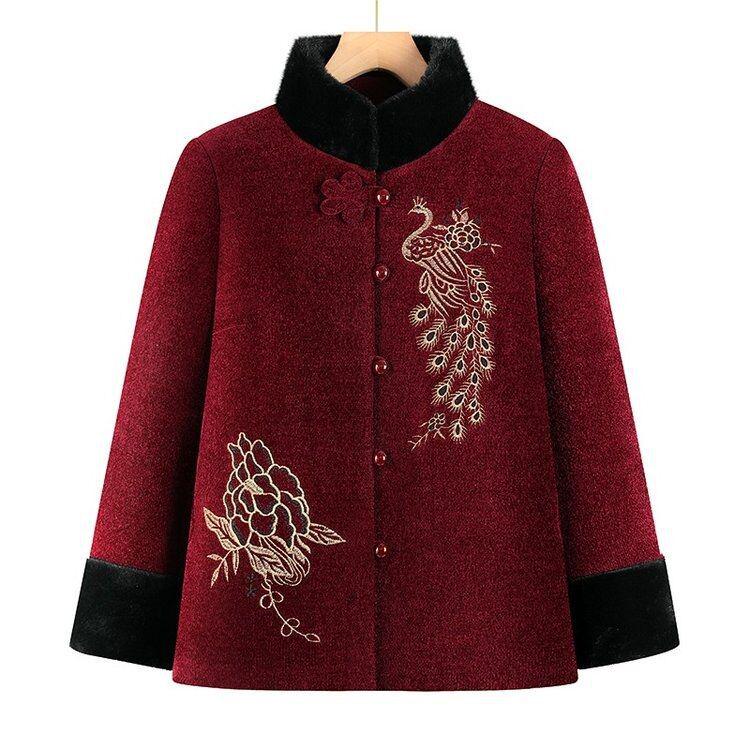 Embroidered Velvet-Lined Winter Jacket for Elderly Women - Cozy, Trendy Cotton Outerwear for Moms and Grandmas