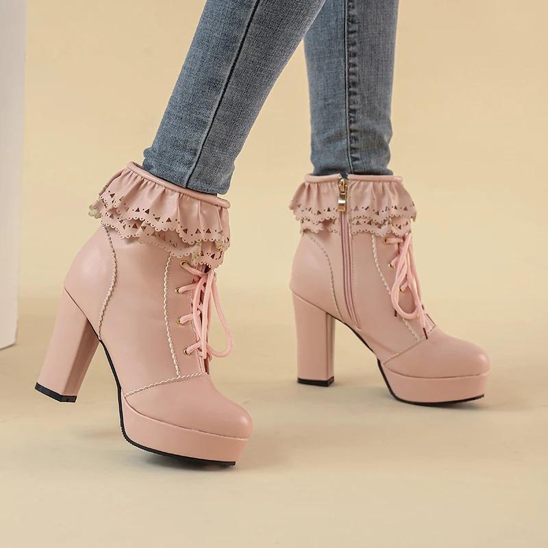 Fashion Autumn Winter Women Lolita Boots Japanese Sweet Faux Leather Shoes Ruffle Trim Lace Up Princess Lolita Cosplay Mid Calf Boots