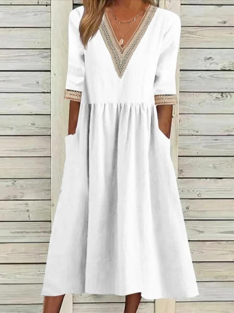 Kleid, Lockeres Baumwoll-Leinen-Rundhals-Fünf-Knopf-Mittelkleid