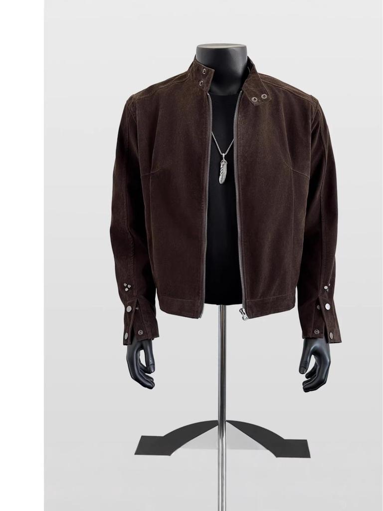 Vintage Retro Suede Stand Collar Buckle Men's Loose Jacket