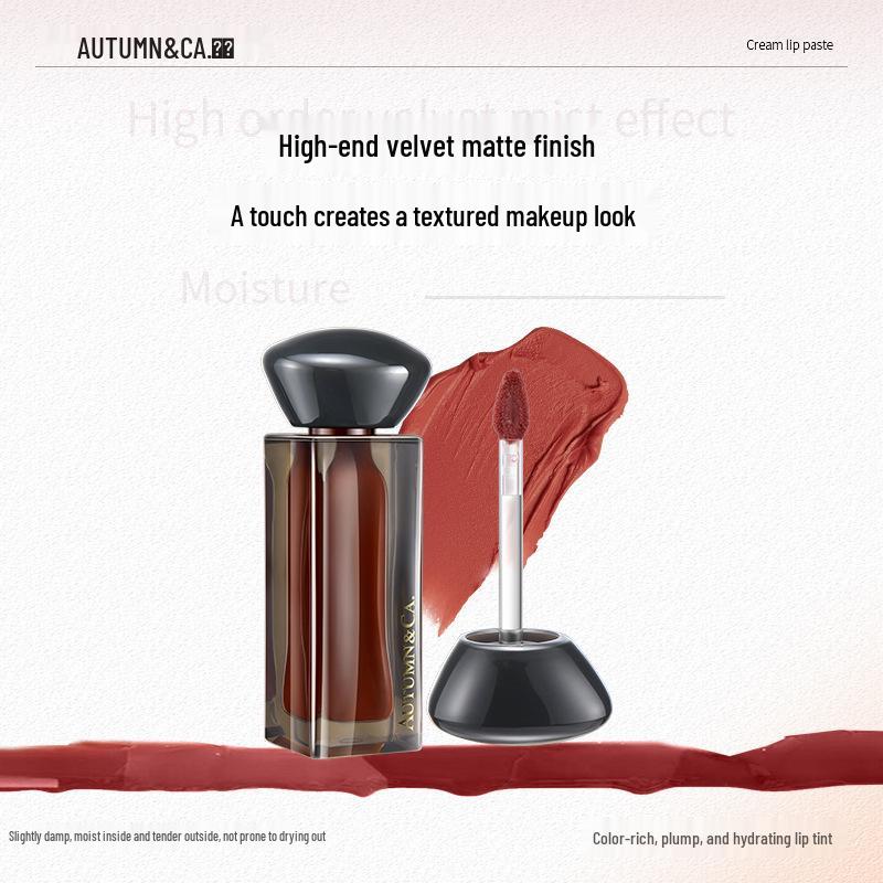 

Qiukou White Jade Velvet Lip Cream: Smooth, Hydrating, Long-Lasting, Non-Stick Gloss. Roasted Chestnut