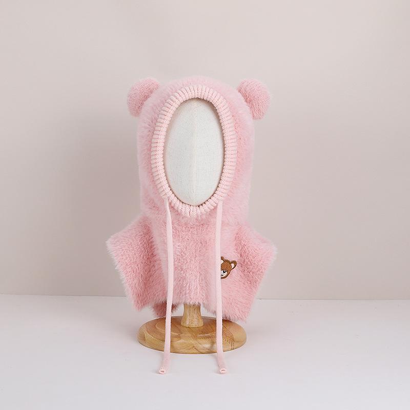 

Children s hat plush shawl integrated hat autumn and winter outdoor warm pullover hat cartoon bear knitted wool hat