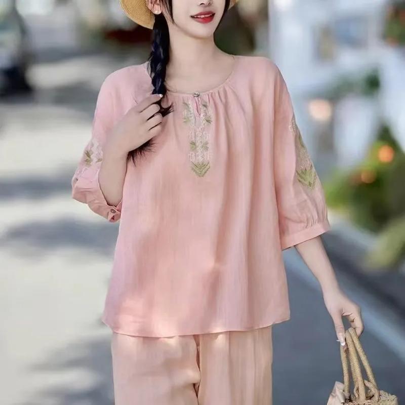 Womens Navy Blue Floral Embroidered Linen Blouse Casual Round Neck Puff Sleeve Boho Top