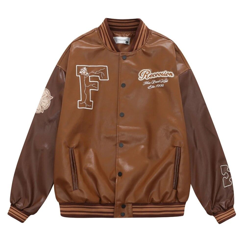 

Letter Embroidery PU Leather Jacket Mens High Street Stand Collar Motorcycle Jacket Autumn Winter Loose Casual Outerwear 2022