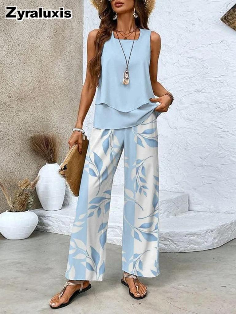 Summer New Casual Fashion Printed Sleeveless Women's Clothing Set Double Layer Backless Pure Color with Printed Set