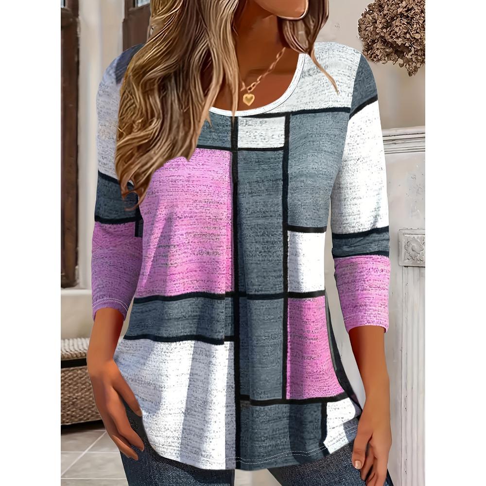 Women's Color Blocked Long Sleeved T-shirt Casual Loose Geometric Printed Top
