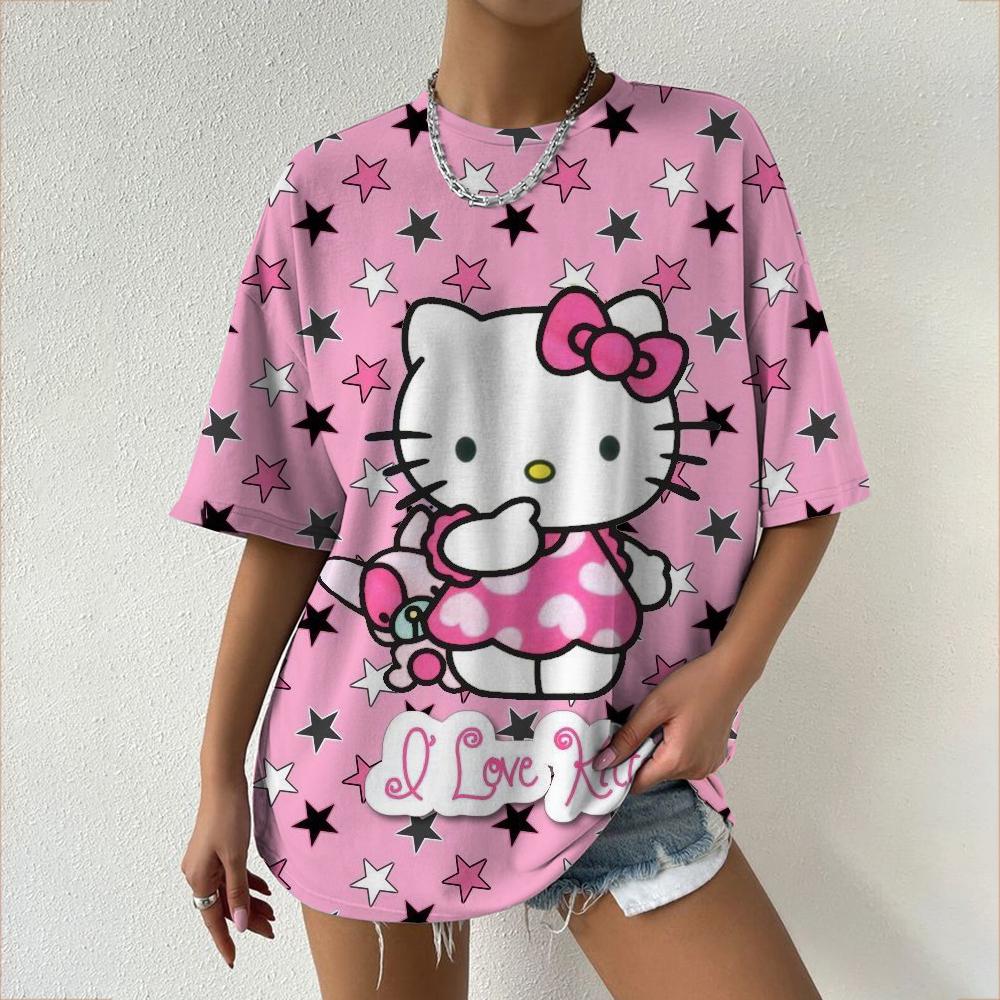 Hello Kitty Tops Aesthetic Women's T-shirts Streetwear Woman Funny Tees Short Sleeves T-shirt Clothing Fashion Girl Festival Top