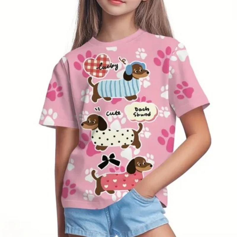 Children's Cartoon Sausage Puppy Print Cute Multi-color T-shirts Girls Fashionable Soft Comfortable T-shirt