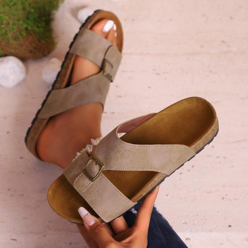 Summer new classic belt buckle cork slippers flat-bottomed slippers beach outer slippers
