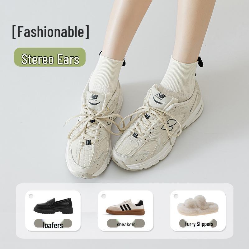Women's Autumn Cartoon Cute 3D Ear Socks: Versatile, Sweat-Absorbent, Odor-Resistant, Short Socks Made from Xinjiang Boneless Cotton