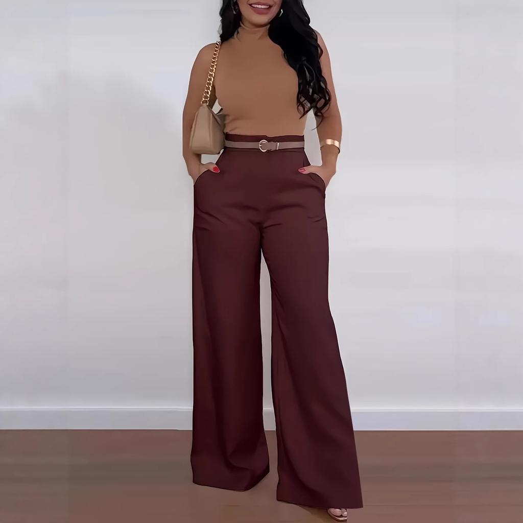 Women's Mid High Waist Belted Wide Leg Suit Pants Solid Non Stretch Formal Long Trousers With Side Pockets Spring Winter Elegant Office Bottoms