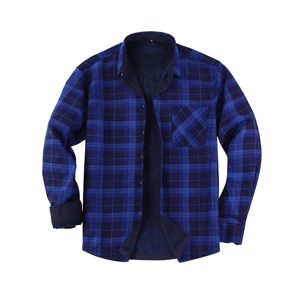 Men's Warm Casual Flannel Shirt, Long Sleeve, Lined, Large Size, Turn-Down Collar for Fall