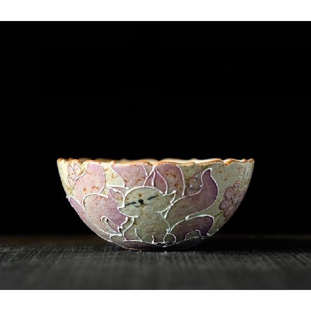 Flambe Red Glaze Ceramic Tea Cup Set Hand Painted Nine Tailed Fox with Matching Saucer Japanese Style Tea Ceremony Accessory  200ml