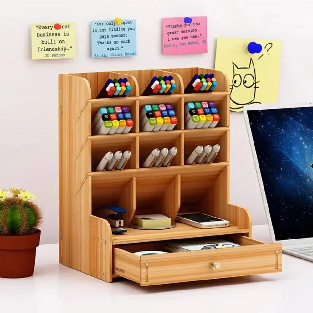 Wooden Pen Holder with Drawer Multi-Functional Desktop Stationary Pencil Box Home Office Art Supplies Rack