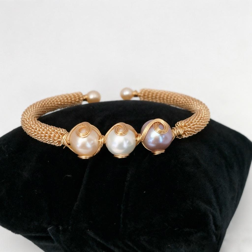 

Natural Freshwater Pearl 5-6Mm Gilt Temperament Light Luxury Bracelet Women S Pure Handmade Copper-Plated Real Gold Winding Open Hand