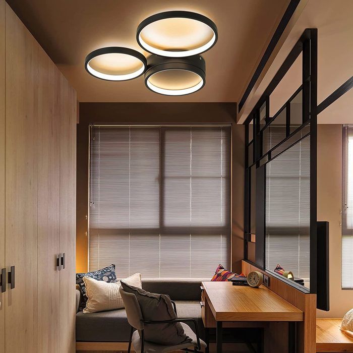 Plafonnier LED - NETTLIFE - 3 Anneaux Design - 22W - Blanc chaud 3000K - Noir métal 44 cm
