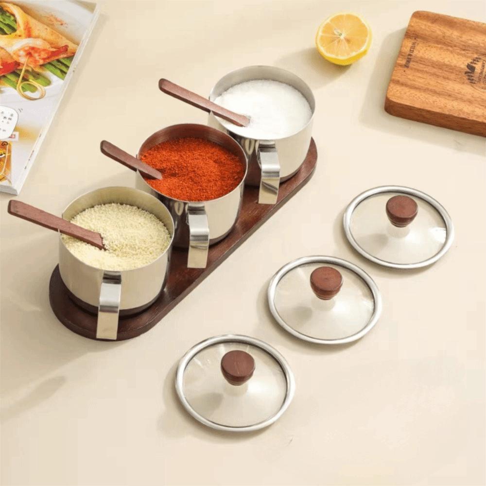 Dust-proof Stainless Steel Seasoning Jar Set Moisture-proof With Spoon Tray Spice Organizer Odor-proof Visual Lid