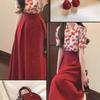 Plus-Size Retro Red Floral Print Shirt and High-Waisted Skirt Set