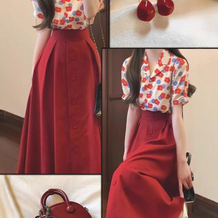Plus-Size Retro Red Floral Print Shirt and High-Waisted Skirt Set