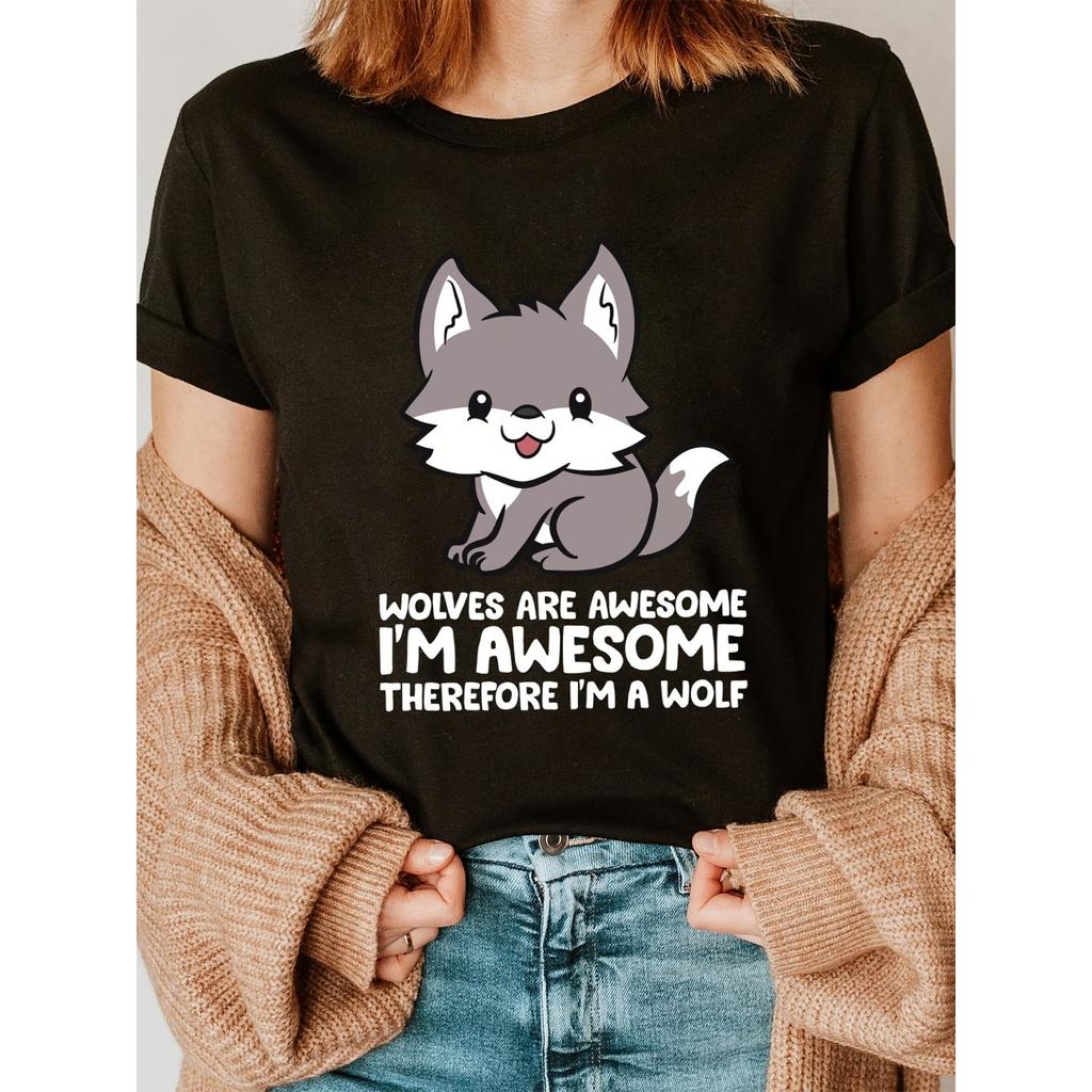 Cartoon Wolf I'M Awesome Fashion Letter Print T-Shirt, Short Sleeve Crew Neck Casual Top for Summer & Spring, Women'S Apparel