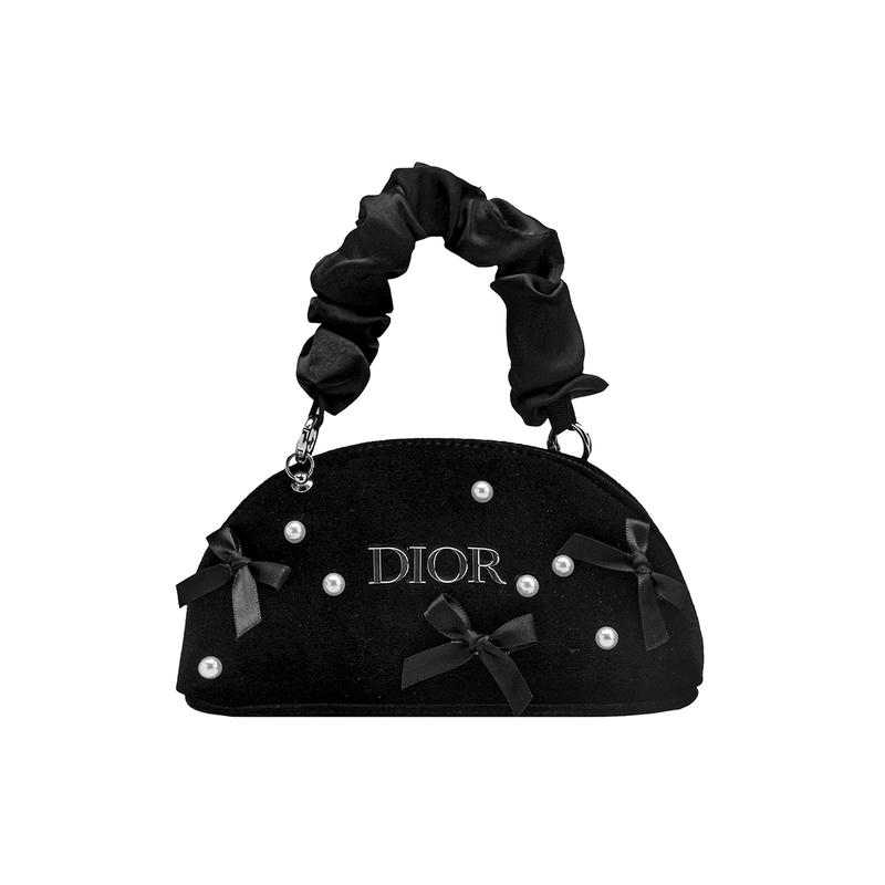 DIOR Bag [Customized Cosmetic Bag] Canvas Serenade Pearl Bow Sweet Cool Classic Romantic Elegant Nobility Black Semi-circle Velvet High-end Travel
