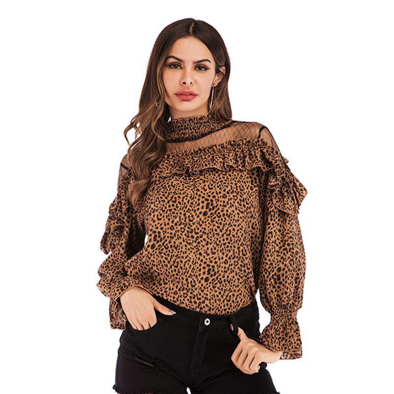 Vår og høst kvinners Chiffon Langermet Plissert Mesh Skjøting Volanger Polka Dot Chiffon Bluse Topp