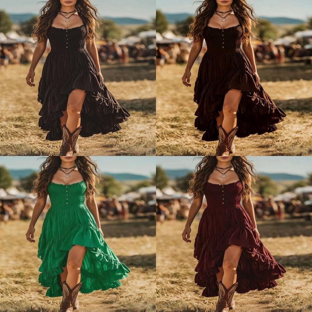 Vestido de Verano Estilo Bohemio con Dobladillo Fruncido y Falda Irregular para Salidas Casuales