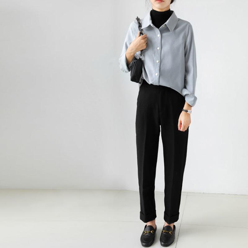 Women's Office Commuter Polished Shirt Solid Color Vintage Lining Shirt Female Long-sleeved Tops Spring and Autumn Winter