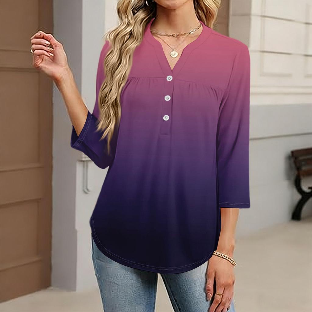 Women's Fashionable Casual Color Block Gradient Print V-Neck Button Three-Quarter Sleeve T-Shirt Top