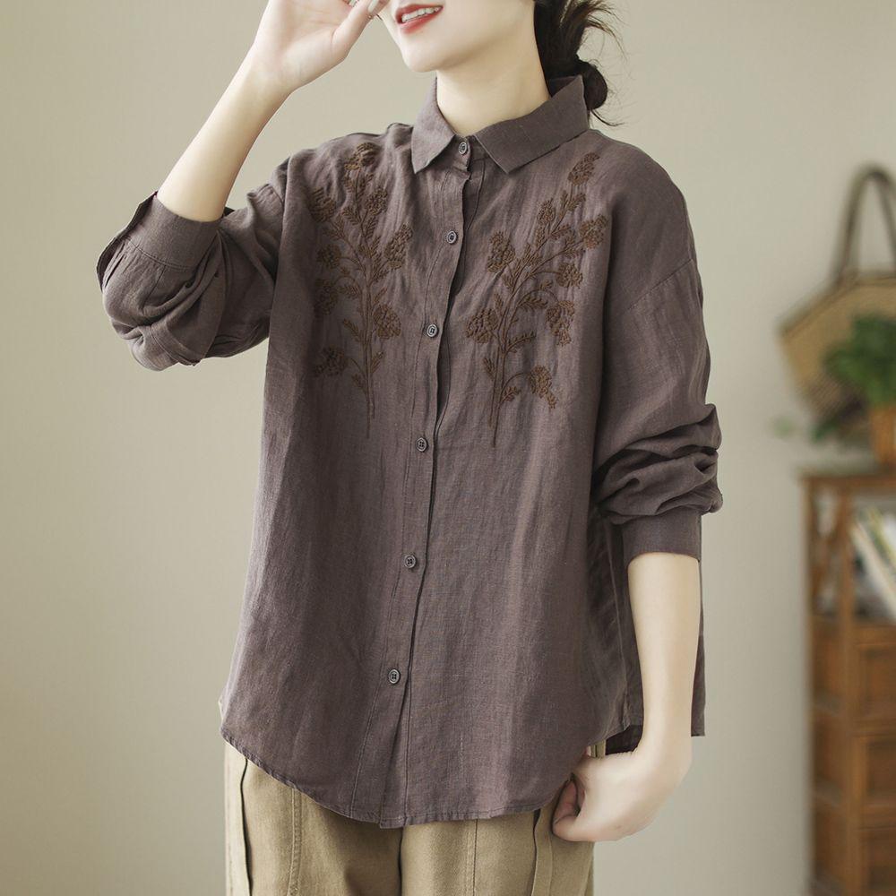 

2024 Женский ретро-топ с вышитыми лацканами и длинными рукавами из льна XL коричневый