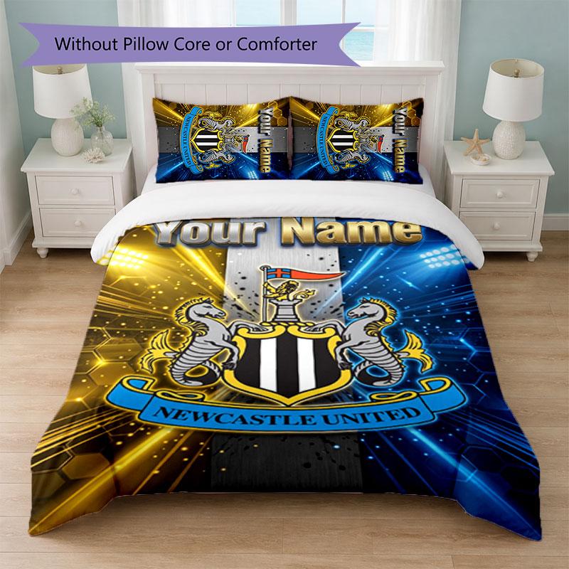 Newcastle United FC Custom Name Text Bedding Set 1 Duvet Cover+2 Pillowcases Soccer Logo Personalized Gift For Special Occasion Bedroom Decor