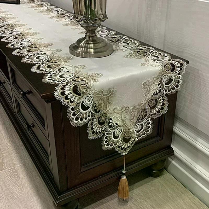 Oval Lace Dust Cover Table Runner Embroidered Tv Cabinet Tablecloth Lace Pendant Tassel Dresser Table Flag Christmas Table Cloth Set