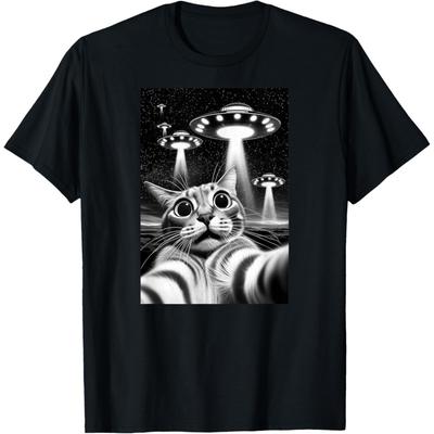 Cat UFO _ Funny Invasion Meme Retro Alien Cat UFO Selfie T-Shirt