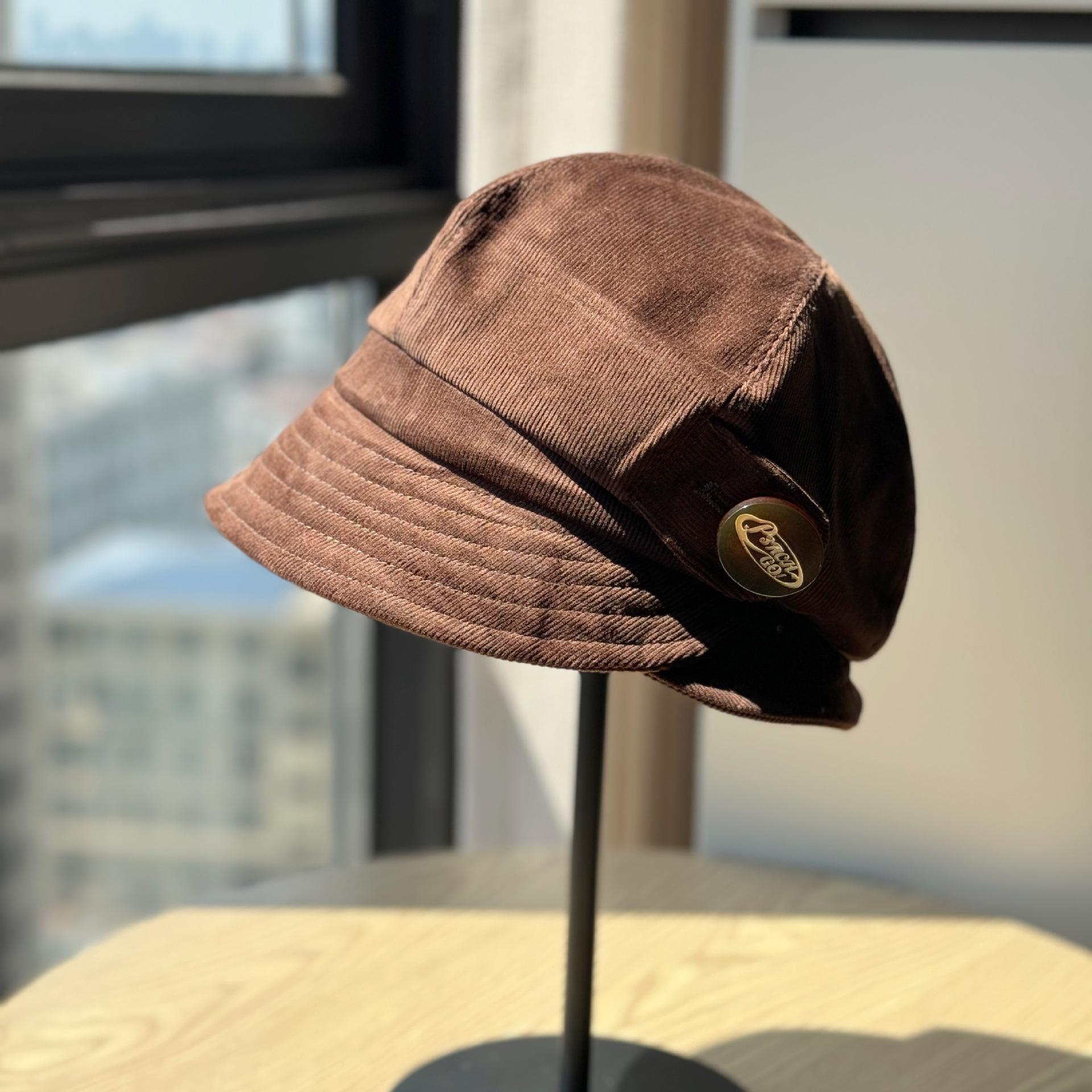 

Новая корейская покупка Дундимён Вельветовая двухслойная вельветовая шляпа рыбака Шерстяная большой окружности головы, подчеркивающая лицо, маленькая шляпа-панама Adjustable