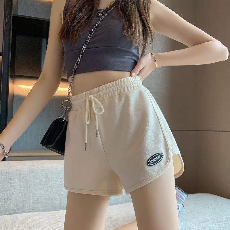 Women Summer Shorts Elastic Drawstring High Waist Shorts Pockets Solid Color Logo Print Wide Leg Short Pants Streetwear