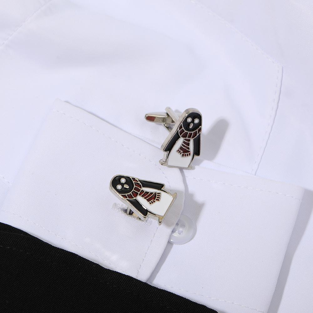 Funny Cartoon Scarf Penguin Design Mens Cufflinks Classic Black White Red Print French Animal Metal Sleeve Button