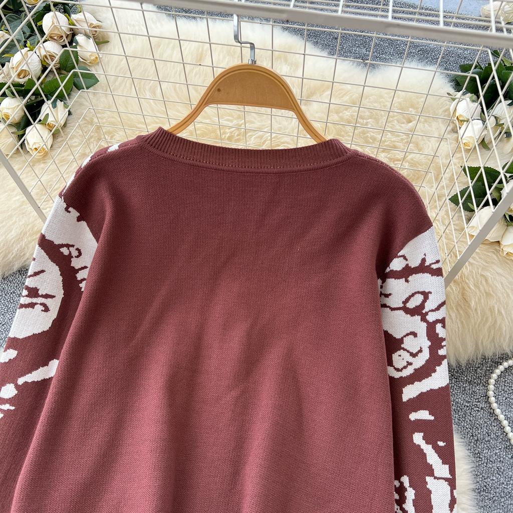 Autumn Winter Women Casual Print Knitted Sweater Trouser Two Piece Set Single Breasted Jacket Tops and Drawstring Pant Tracksuit