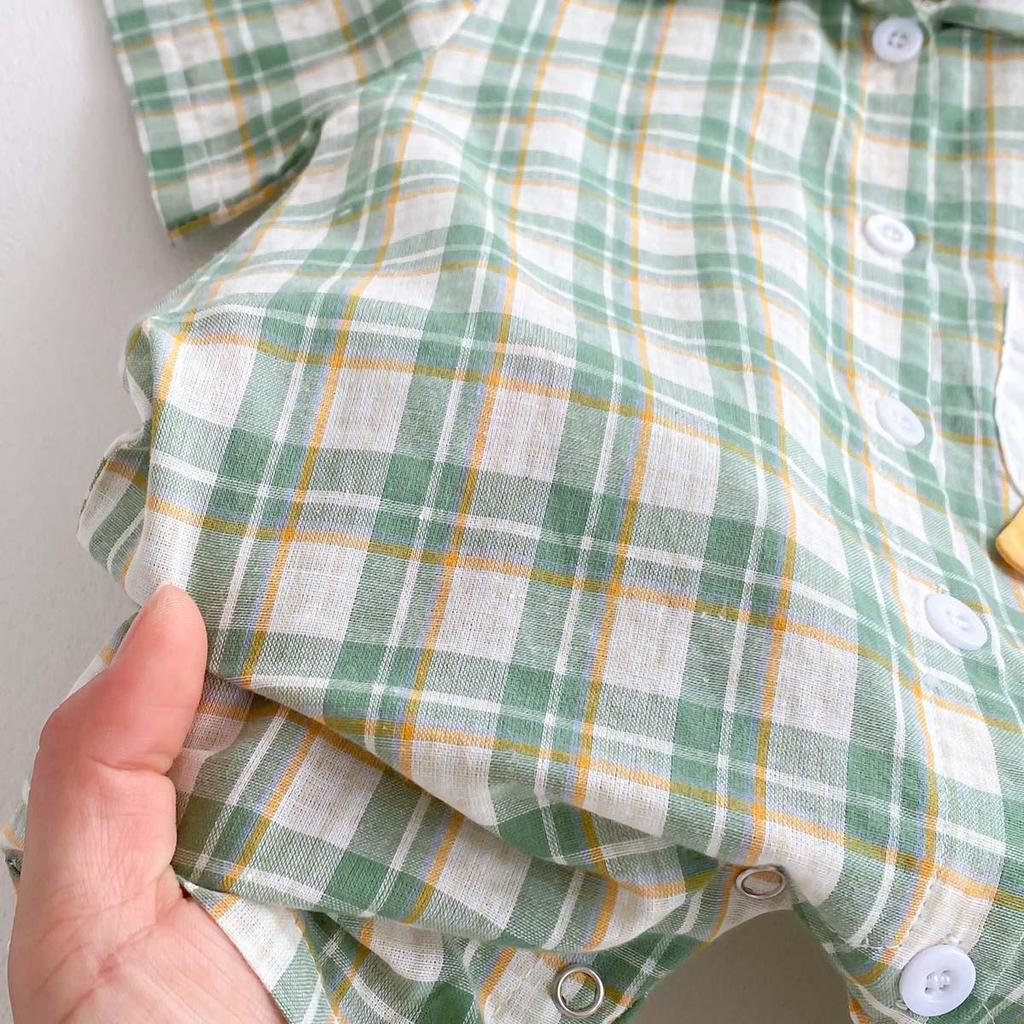 Summer Boys Plaid Short Sleeve Romper - Stylish Korean Style Crawling Suit for Infants