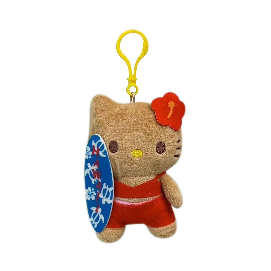Adorable Cartoon Black Cat Plush Keyring with Surfing Beach Ring Pendant