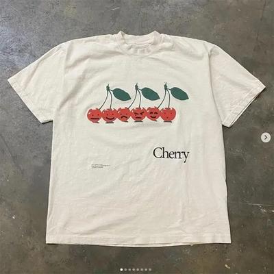 2024 Summer Cherry Pattern Print Washed Round Neck T-shirt Gothic Classic Y2K Plus Size Unisex's T-shirt Oversized Cotton T-shirt