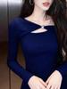 Pure Desire Spicy Girl Hollow-Out Collarbones Long-Sleeve Slim Fit Women's Base Layer Top, Autumn/Winter Design.