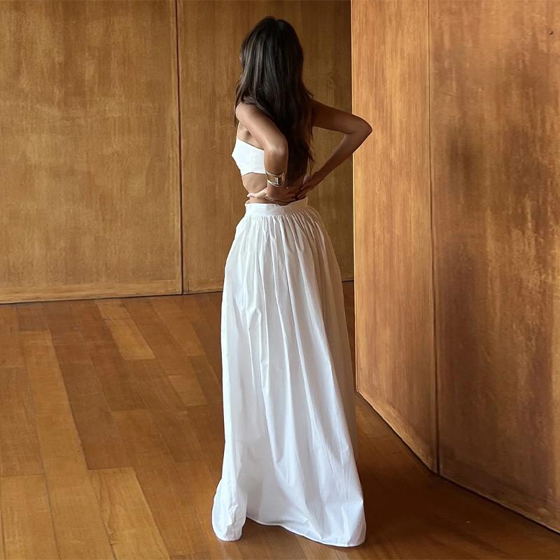 Women Elegant Cotton Camisole Top Casual Skirt Suit 2025 Spring and Summer Fashion Solid Color Sexy Wrapped Vest Long Skirt Set