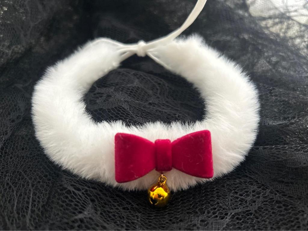 Wine Red Plush Collar Choker with Bell & Bow - Christmas Date Night Accessory