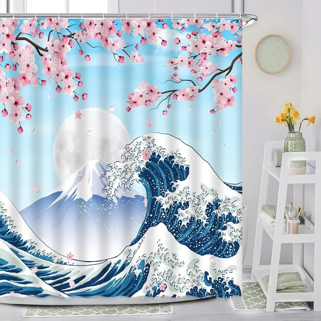 Japanese Shower Curtain, Sea Waves Cherry Blossom Red Sun Anime Kimono Woman Mount Fuji Landscape Ink Crane Bird Bathroom Decor
