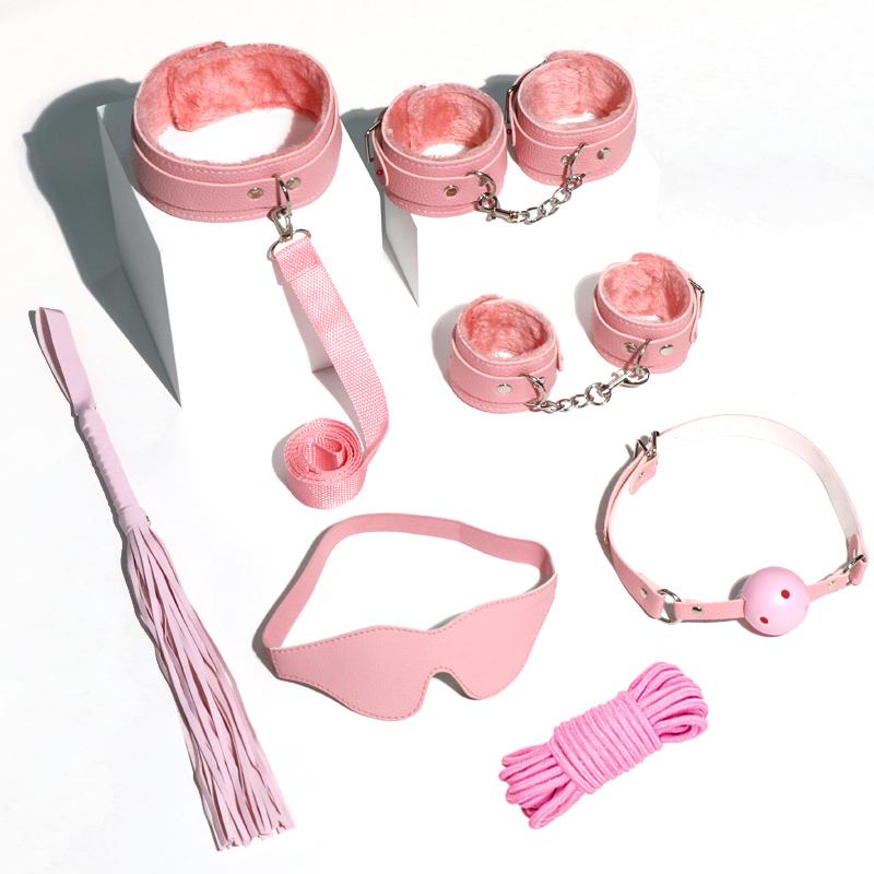 SM Sexspielzeug Set, 7-teiliges Paar Sexspielzeug Set, Halsband und Leine, Handschellen, Fußfesseln, Peitsche, Mundball, Augenmaske, 10 Meter Seilstütze, Produkte für Erwachsene