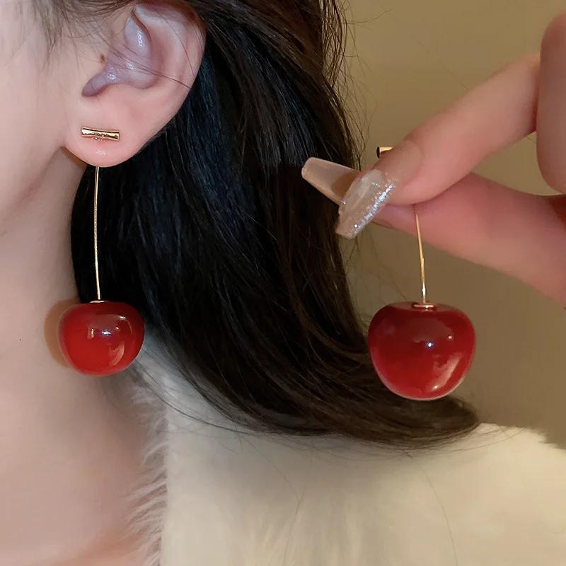 Fashion Sweet Red Resin Strawberry Cherry Drop Earrings For Women Cute Lovely Acrylic Fruit Earrings Zircon Accessories