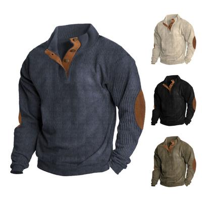 Men Autumn Winter Casual Pullover Tops Stand Collar Buttons Half Placket Long Sleeve Patchwork Color Sweatshirt