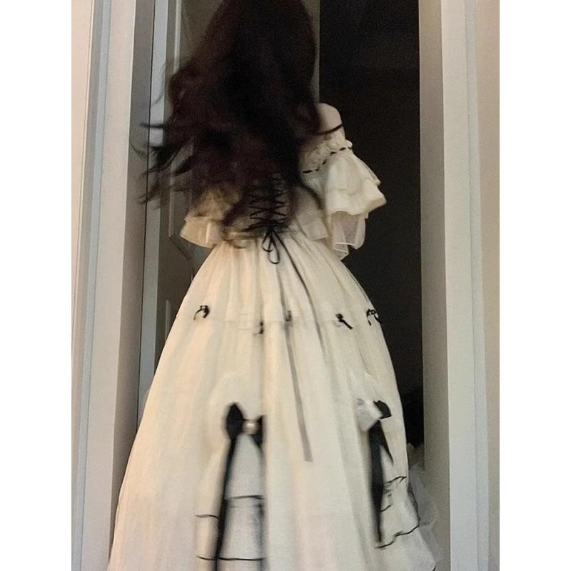 Vintage Elegant Lolita Dress Women Sweet Bow High Waist Fairy Party Dresses Summer Cosplay Costumes French Princess Dresses