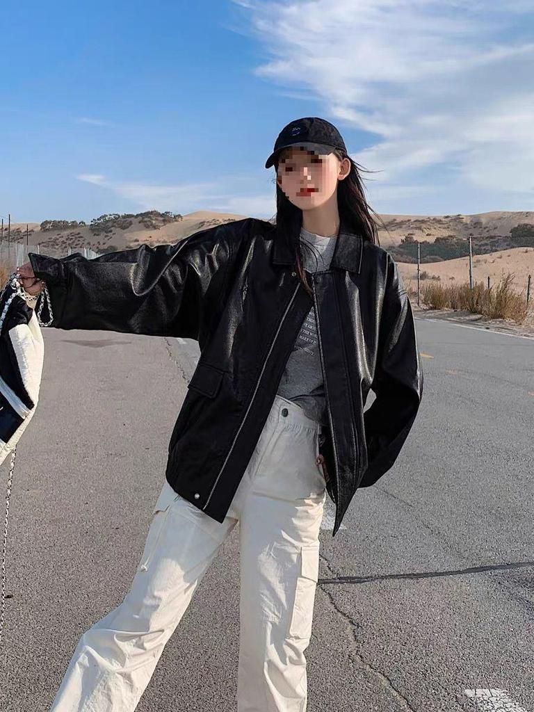 Women's Retro Brown Short Leather Jacket - 2026 Korean Style, Loose Fit, Cool Motorcycle Design for Spring/Autumn